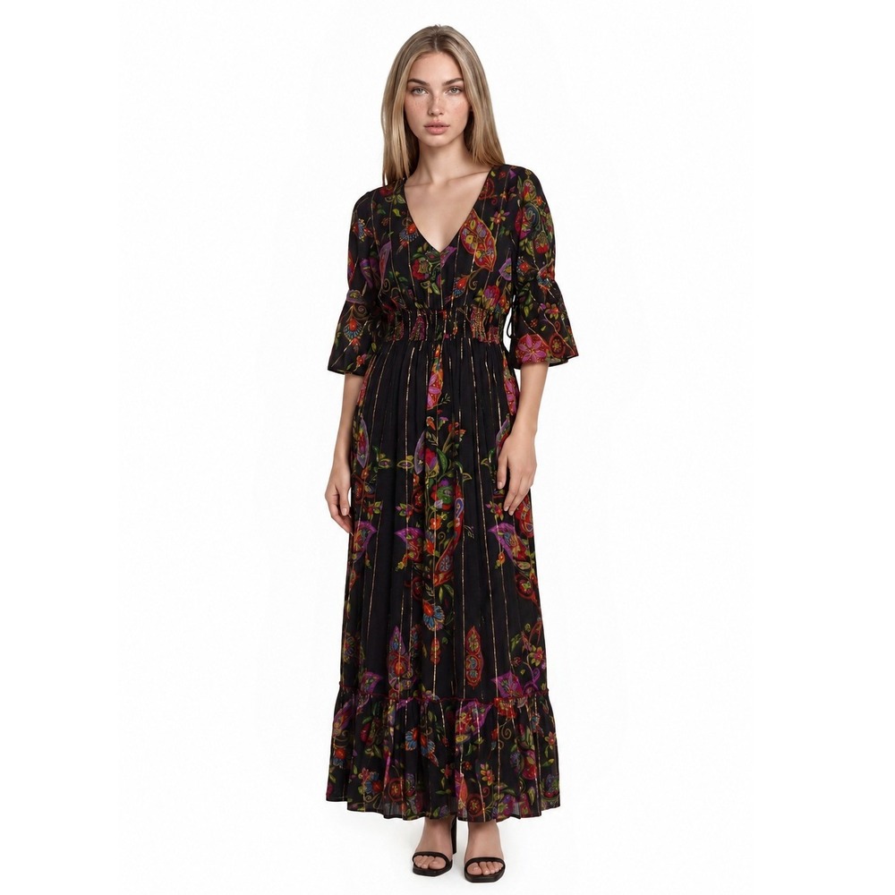 Me 2 Magic Anthropologie Maxi Dress Womens Size Medium Black Floral Paisley Gold